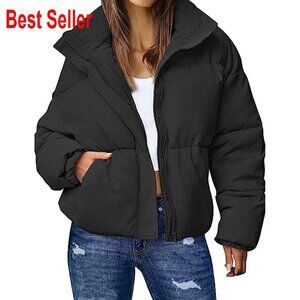 Cropped Puffer Jacket Quilted Lightweight Winter Coat Stand Collar Chic